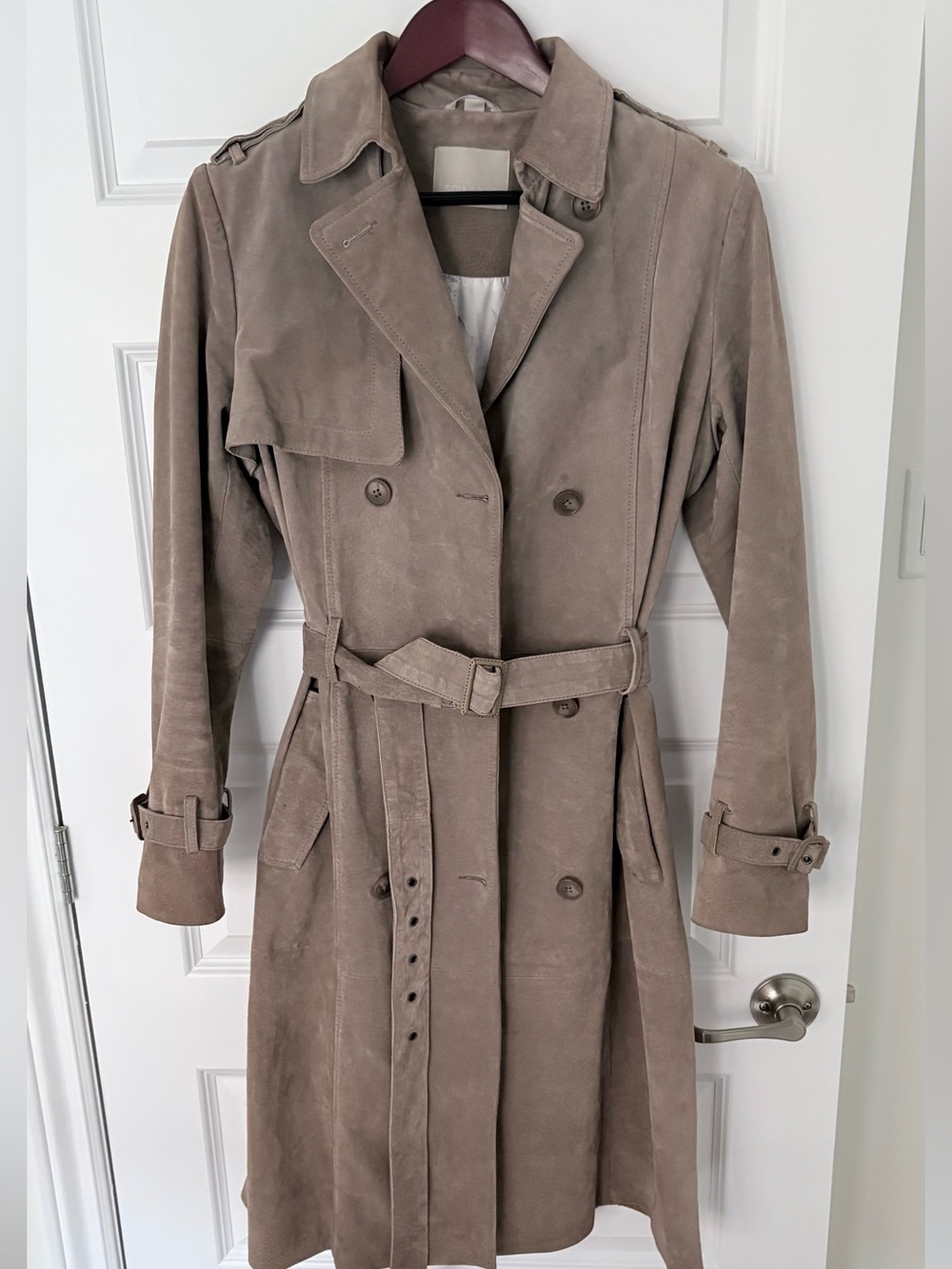 SOIA & KYO Genuine Suede Trench Coat with Floral Lining - Taupe Medium